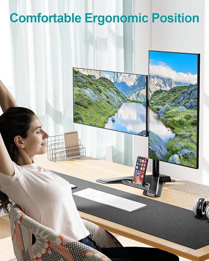 MOUNT PRO Dual Monitor Stand, Free-Standing Full Motion Monitor Desk Mount Fits 2 Screens up to 27 inches,17.6lbs with Height Adjustable, Swivel, Tilt, Rotation, VESA 75x75 100x100, Black