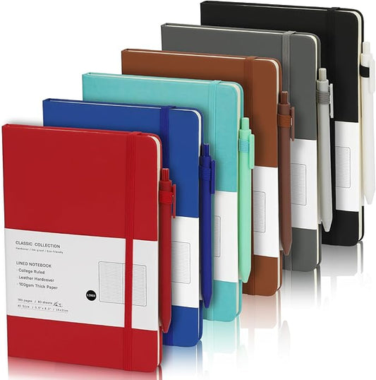 Coopay 6 Pack A5 Journal Notebook with 6 Pens Bulk Classic Ruled Hardcover Leather Journal Set with Pen Holder for Men Women Writing, Office, Home, School, College, Business, 8.3” x 5.5” (6 Colors)