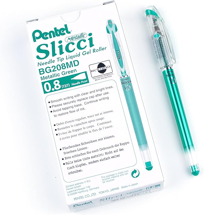Pentel Arts Slicci Metallic 0.8 mm Needle Tip Gel Pen, Metallic Green Ink, Box of 12 (BG208-MD)