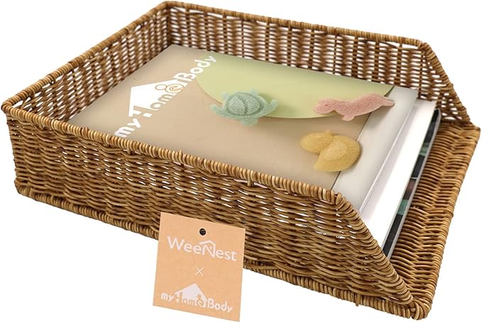 myHomeBody Wicker Paper Organizer, Letter Tray, Paper Organizer for Desk, Resin Wicker 1 pc, Tan