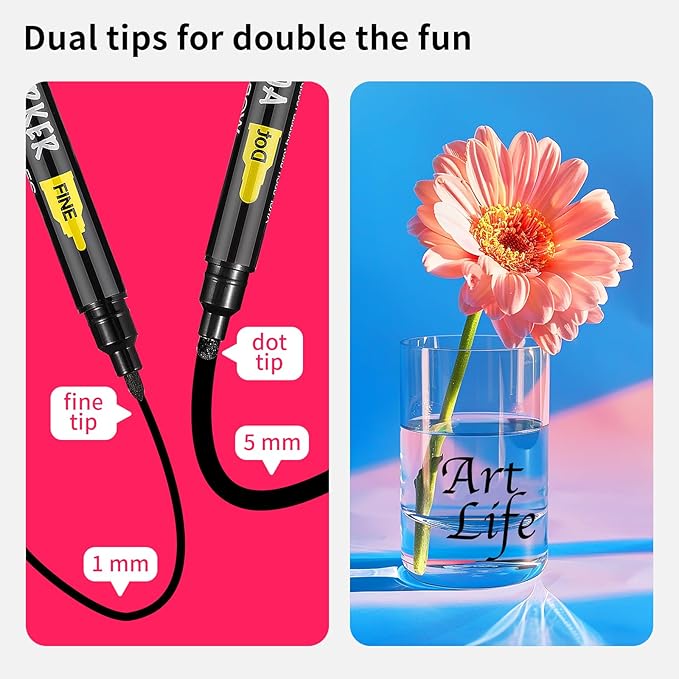 NAWOD 3 Black Acrylic Paint Pens, Acrylic Paint Markers Dual Tip (Fine 1mm + Dot 5mm), Acrylic Permanent Markers for Rock, Fabric, Canvas, Ceramic, Glass, Wood, Paper, Labeling, Drawing, DIY Crafts