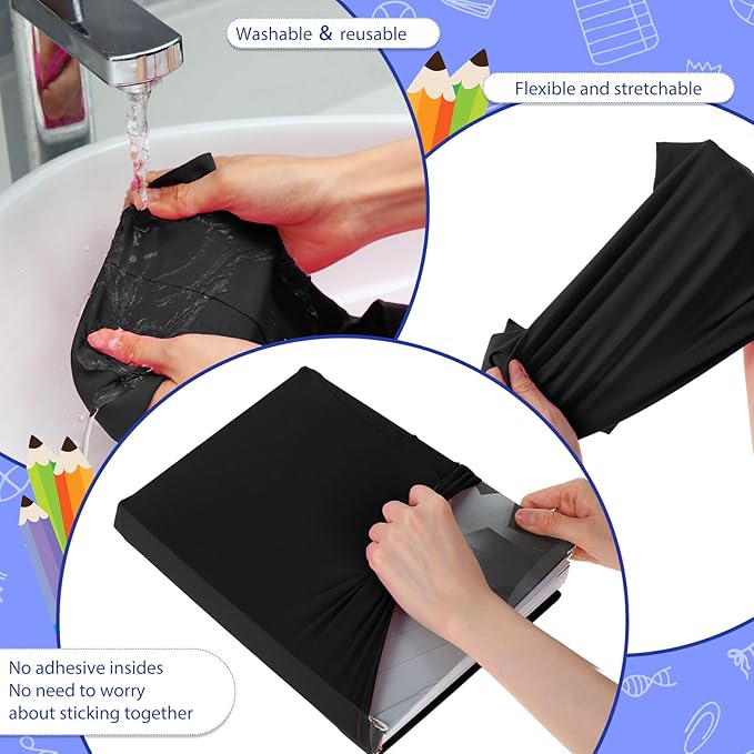 Sherr 14 Pack Stretchable Book Covers Reusable Jumbo Bookcloth 9" x 11" Durable Washable Back to School Book Cover Protector for Most Hardcover Books Textbooks(Black,Classic)