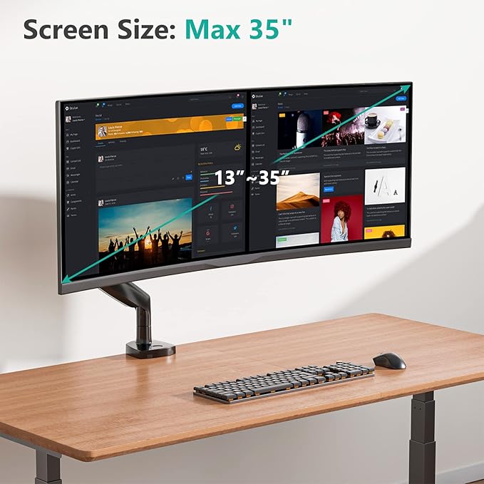 WALI Single Monitor Arm, Gas Spring Monitor Mount for Max 35 inches - 26.4 lbs Screen, Ultrawide Computer Monitors Stand with C Clamp and Grommet Base (GSMP001XL), Black