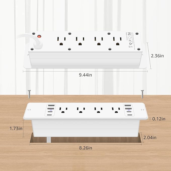 HHSOET 16 in 1 Recessed Power Strip Flat Plug, 30W Fast Charging Furniture Outlet with USB, Conference Recessed Surge Protection with 8 AC Plugs, 4 USB Ports 4 USB-C, 10ft Power Cord.(White)