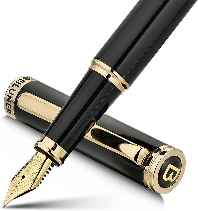BEILUNER Black Fountain Pen,Stunning Luxury Piano Lacquer,24K Gilded Nib(Medium),Gorgeous 24K Gold Finish,Ink Converter, Gift for Men&Women-Elegant, Reliable, Office, Professional Pens for Writing