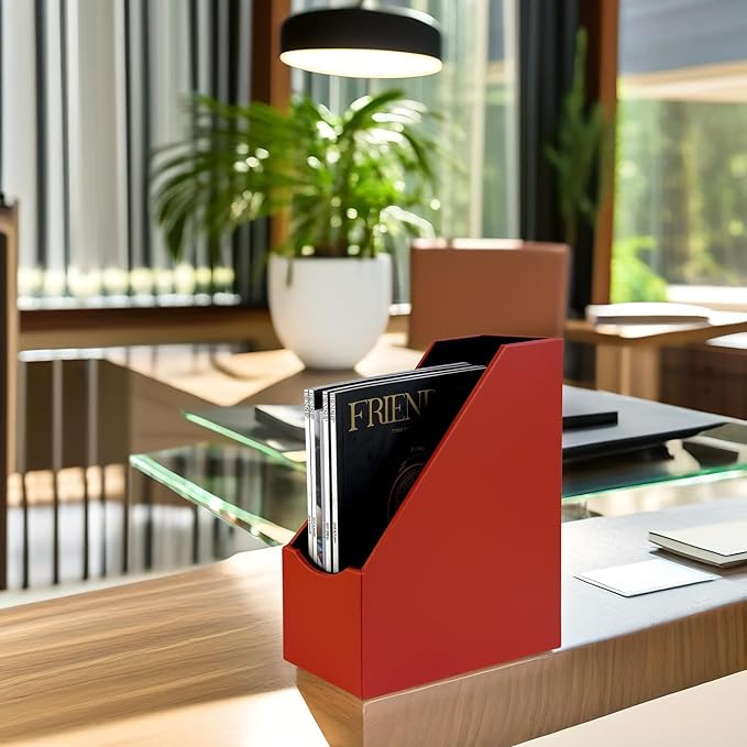 UnionBasic Magazine File Holder - Office Leatherette Desktop Document File Folder Journals Organizer Racks, Red