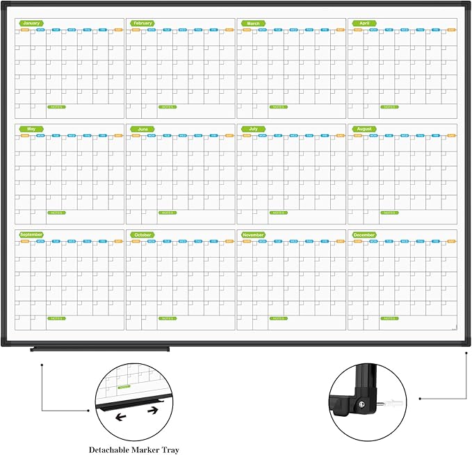 JILoffice Magnetic Dry Erase Calendar Whiteboard, 12 Months White Board Planner 48 X 36 Inch, Black Aluminum Frame Wall Mounted Board for Office Home and School