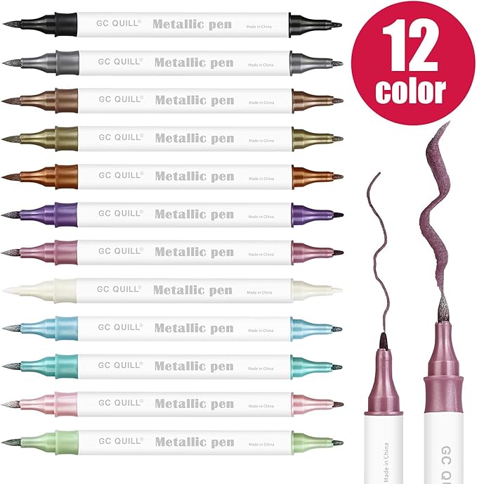 GC QUILL 12 Colors Metallic Marker Pens - Dual Tip Brush and Fine Point Pens for DIY Album, Black Cards, Scrapbooking, Craft Supplies, on Ceramic, Stone, Glass, Fabric GC-MP12