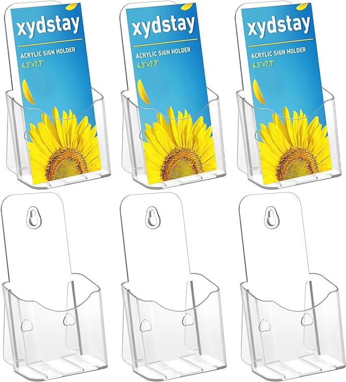 Acrylic Brochure Holder 4x9 Inches Slant Back Design, Clear Display Stand, Plastic Table Stand Sign, Pamphlet Flyer Display, 6 Pack