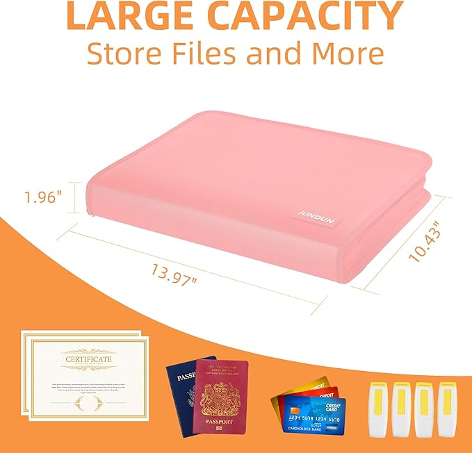 JUNDUN Accordion File Organizer - Fireproof Accordion Folder with Zipper & Labels - 12 Pocket Expanding File Folder with Multi-Pockets Paper Organizer Folder for Letter A4 Files and More (Pink)