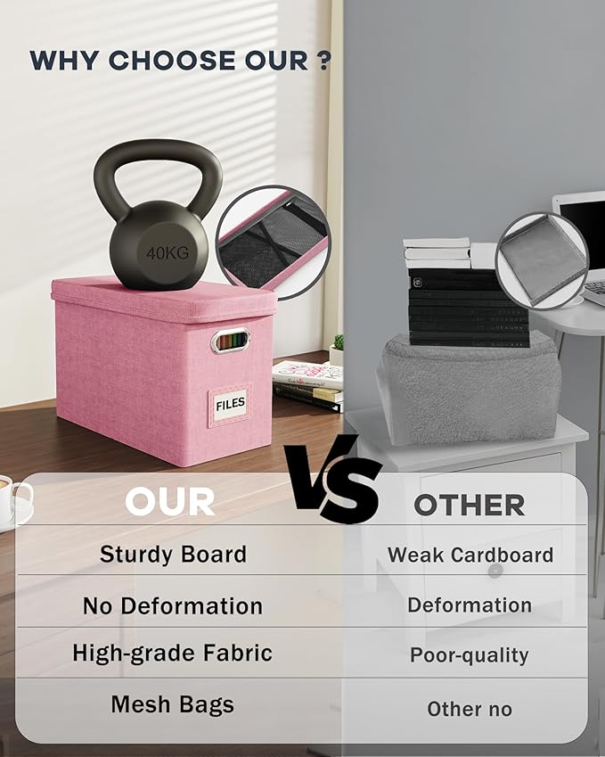 Oterri File Organizer With Lid, Hanging Filing Box With Mesh Pocket, Document Organizer for Letter Files, Portable Storage With Smooth Sliding Rail for Office & Home (2 PCS, Pink)