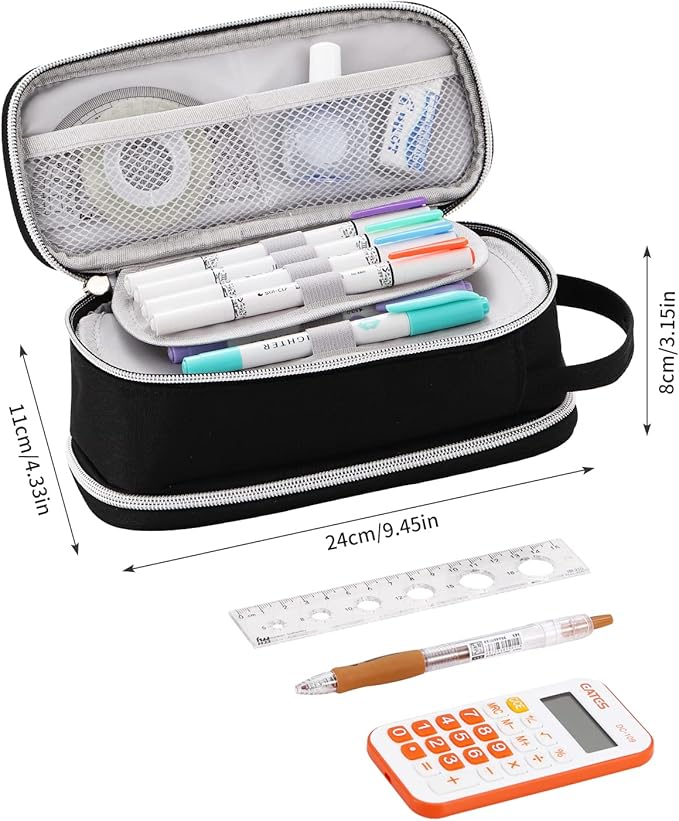 Dugio Big Pencil Case for Boys Teens Kids Zipper Pencil Pouch with Handle Organizer Pencil Bag Aesthetic Pencil Box for School Black