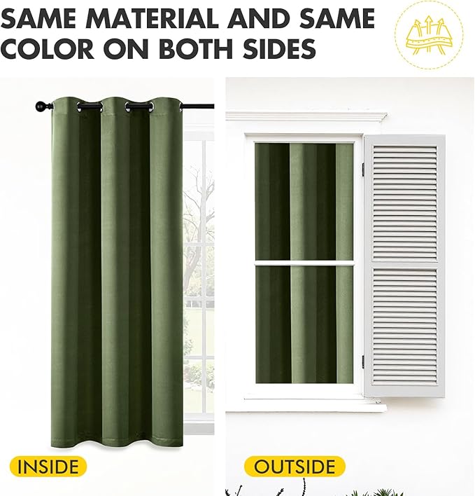 MIULEE Olive Green Blackout Curtains - Thermal Insulated Bedroom Curtains Room Darkening Drapes for Living Room Kitchen Grommet Top Light Blocking Window Treatment, 40 x 45 Inches Long, 2 Panels