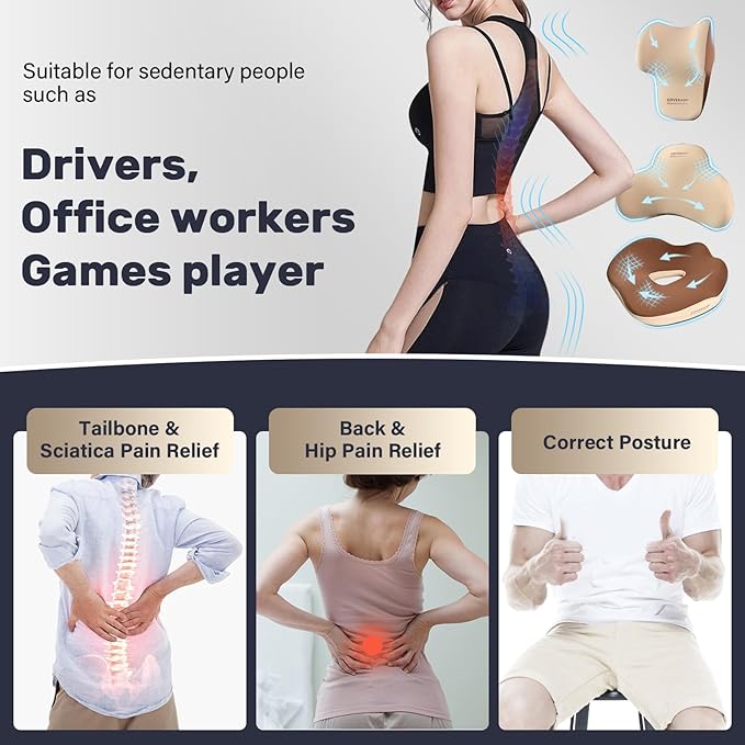 Coverado Seat Cushion and Lumbar Support Headrest Pillow for Car Office Chair, Ergonomic Memory Foam Chair Cushion Back Neck Support Pillow, Sciatica & Back & Tailbone Pain Relief Cushion-Beige