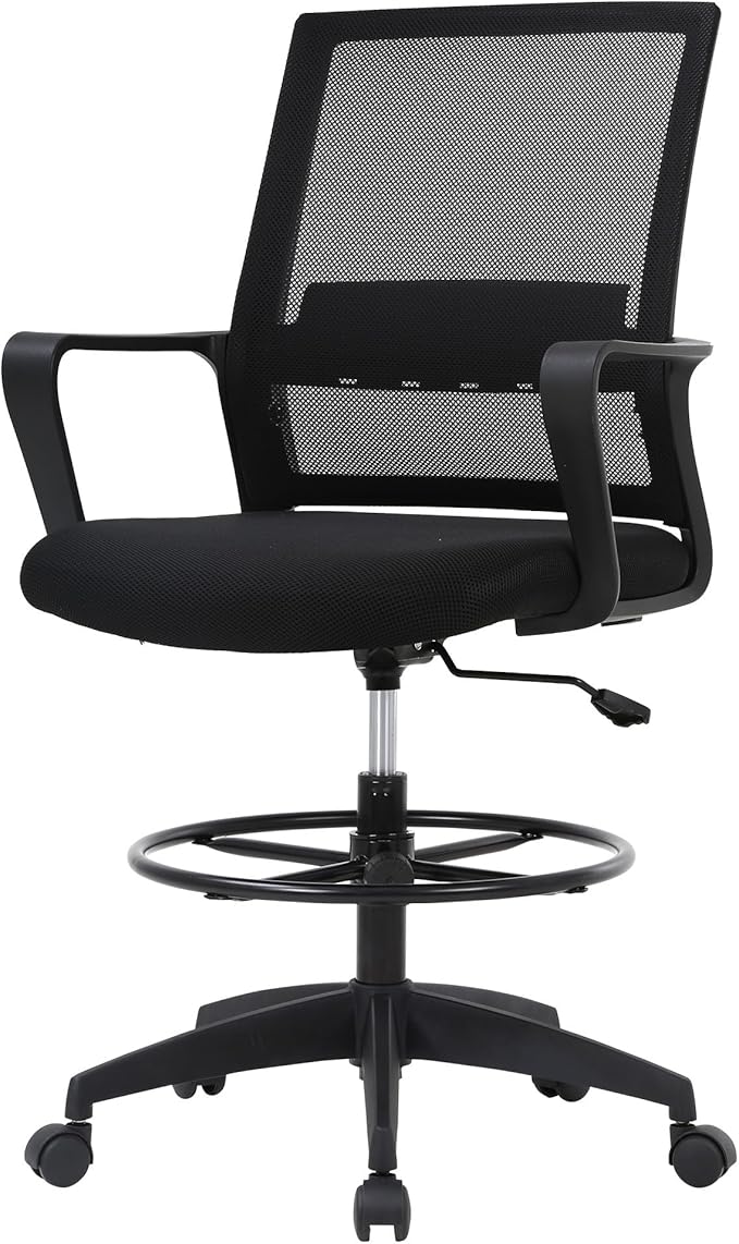 PayLessHere Drafting Chair Computer Standing Desk Chair Tall Office Chair with Lumbar Support Adjustable Foot Ring for Mesh Ergonomic Mid-Back Desk Chair (Black)