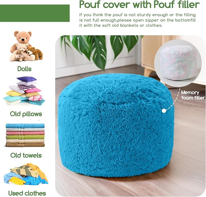 HIGOGOGO Round Stuffed Pouf Ottoman, Long Faux Fur Poufs with Foam Chunk Filling, Fluffy and Furry Pouf Foot Stool Storage Ottoman, 20 X 15 Floor Poufs Foot Rest for Living Room, Blue