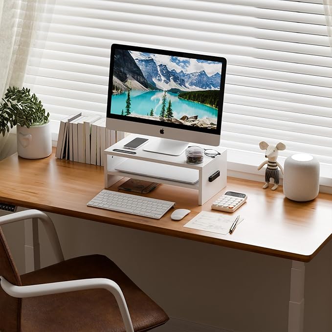 Marbrasse Monitor Stand Riser, 16.5 Inch 2 Tier Computer Printer Shelf Stand for Laptop Computer Screen Storage, Desktop Stand with Phone Holder and Cable Management (White)