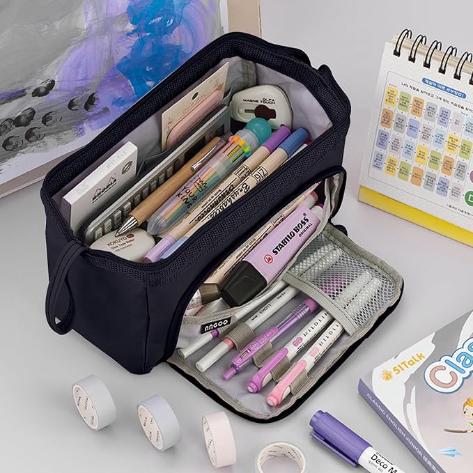 Pencil Case Pouch Large Capacity with Compartments, Pencil Case Pouch Bag with Zipper Handle for Teen Girls Boys Adults Women Men, Portable Pen Bag Stationery Organizer for Office School Travel, Black