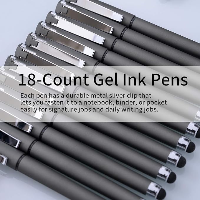 MiSiBao 0.7mm Black Ink Gel Ink Rollerball Pens 2 in 1 Medium Point Pens with Stylus Work Pen Smooth Writing for Office Black gel pen (Dark Grey-18pack)
