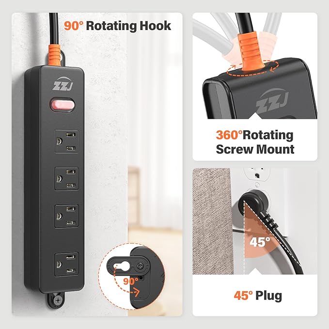 Power Strip Weatherproof, Surge Protector with 4 Wide Outlets, 1875W/15A Overload Protection Switch, 6FT Flat Plug Multi-Plug Outdoor Extension Cord for Indoor Outdoor, UL FCC Listed