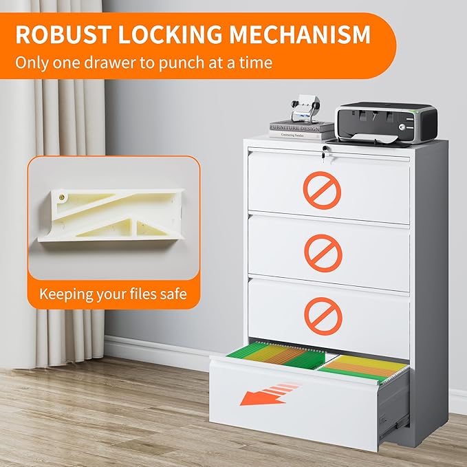 Locking Filing Cabinet with 4 Drawer Heavy Duty Large Metal Cabinet Home Office White Lateral File Cabinets Wide Steel Cabinets for Legal/Letter Size File,Assembly Required