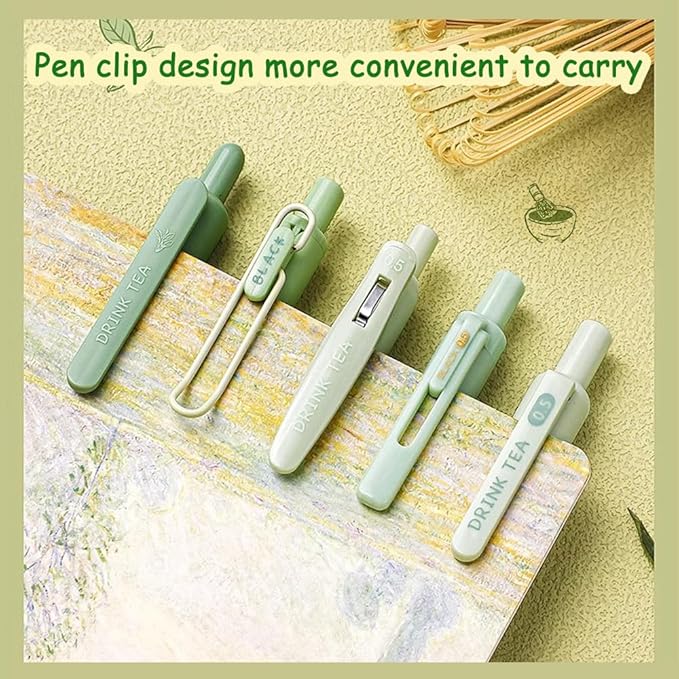 Cute Gel Pens 5Pcs Retractable Quick Dry Ink Pens 0.5mm Fine Point Black Ink Kawaii Smooth Writing Pens for School Office Supplies Aesthetic pretty pens (Green tea)