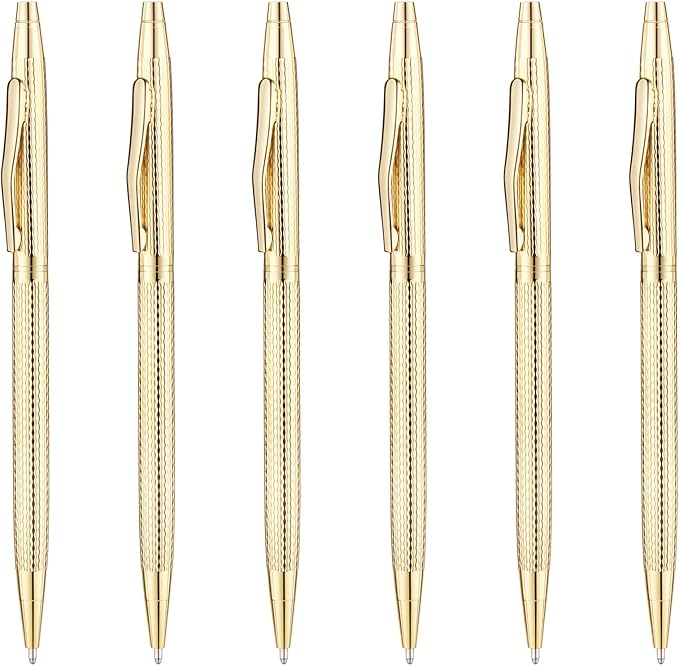 Unibene Slim Metallic Retractable Ballpoint Pens - Carved Gold, Nice Gift for Business Office Students Teachers Wedding Christmas, Medium Point(1 mm) 6 Pack-Black ink