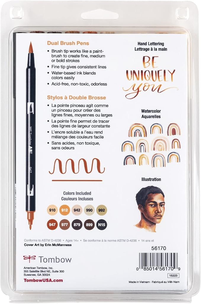 Tombow 56170 Dual Brush Pen Art Markers, Portrait, 10-Pack. Blendable, Brush and Fine Tip Markers