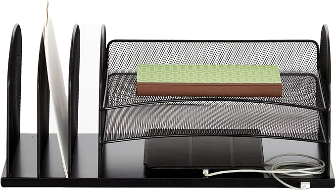 Safco Products 3231BL Onyx Desktop Organizer with USB Charging Port, 3 Section File Sorter, 3 Paper Trays, Durable Steel Construction, Black
