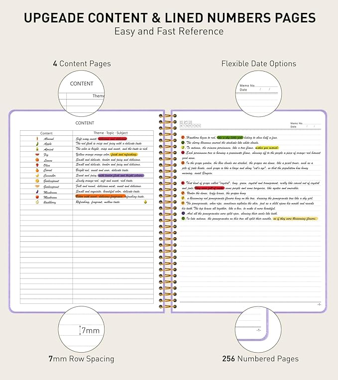 A4 Spiral Notebook Journal 8.5” x 11”, 256 Numbered Pages Hardcover Leather Journals for Women Men, Large Lined College Ruled Notebooks, 100GSM Thick Paper, Spiral Bound Journal for Work School, Purple