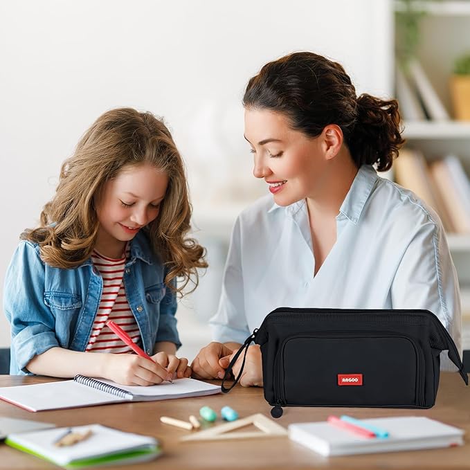 Pencil Case Pouch Large Capacity with Compartments, Pencil Case Pouch Bag with Zipper Handle for Teen Girls Boys Adults Women Men, Portable Pen Bag Stationery Organizer for Office School Travel, Black