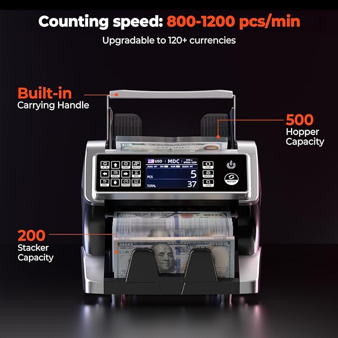 MUNBYN IMC01 Bank Grade Money Counter Machine Mixed Denomination, 2CIS/UV/IR/MG/MT Counterfeit Detection, Serial Number, MUL Currency Cash Counter, Printer Compatible Bill Value Counter (Silver)
