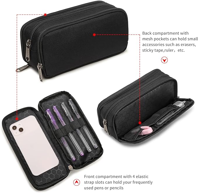 Della Gao Large Capacity Pencil Case, Aesthetic Pencil Pouch with 3 Compartments Nylon Storage Pen Bag Office Stationery Organizer for Women and Men- Black