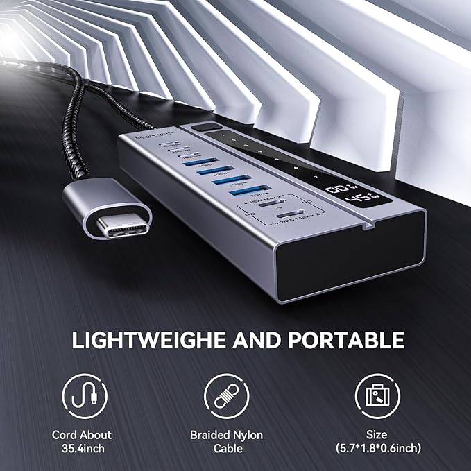 Minisopuru Powered USB C Hub – Support Max 45W Charging with 72W Power Adapter, 10Gbps Data Transfer, USB-C Powered Hub for Laptop, MacBook,iPad (Not for Monitor)