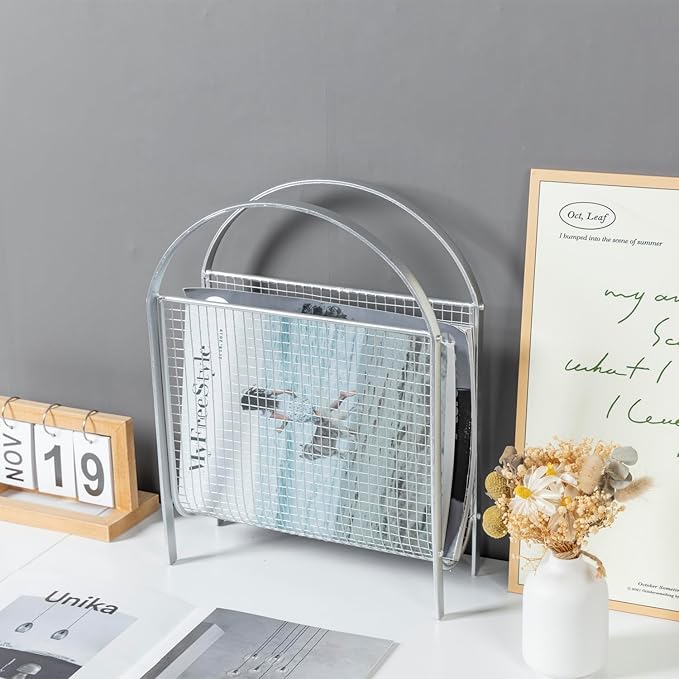 MyGift Mid-Century Design Magazine Rack, Matte Black Tone Metal Mesh Freestanding Magazine Organizer Holder Sling (Silver)