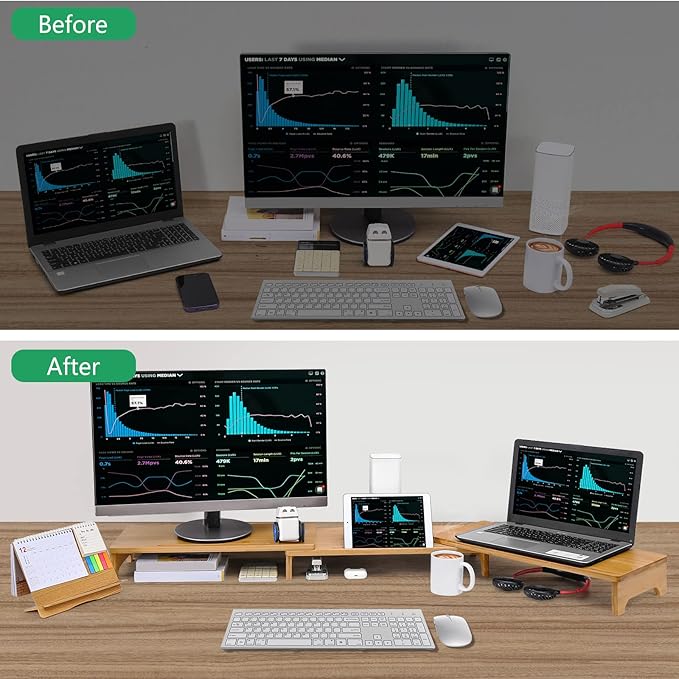 Nnewvante Monitor Stand Riser, 60 inch Large Bamboo Dual Monitor Stand for Desk, 3 Shelves Desktop Screen Riser with Adjustable Length Angle for Computer Laptop PC