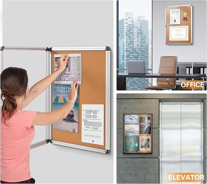 SWANCROWN Enclose Bulletin Board Case School Cork Noticeboards Cabinet with Locking Door and Keys,38x28 inch (9xA4)