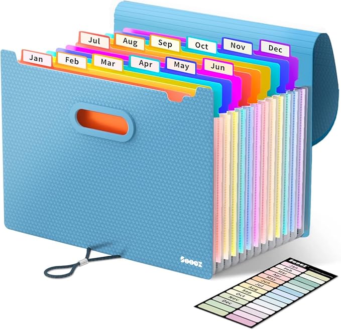 Sooez Upgraded Accordion File Organizer, Expanding File Folder with Deeper 12 Pockets - Never Cover Up Index Tabs, Monthly Bill Paper Receipt Document Organizer, Letter A4 Size for Home Office School