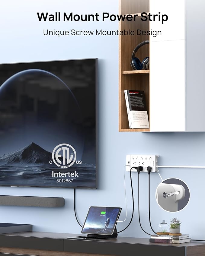 TROND Power Strip Surge Protector - White Extension Cord with USB Ports, 13 Widely-Spaced Outlets Expansion, 5ft, Flat Plug, Under Desk, Wall Mount, Heavy Duty, 4000 Joules, Office, Home, ETL Listed