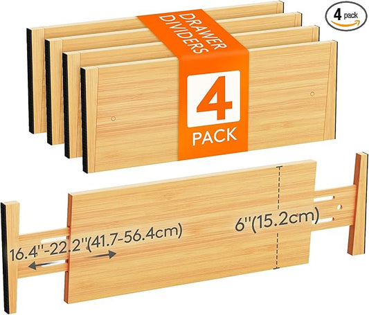 Lifewit 4 Pack Drawer Dividers Bamboo 6" High, 16-22" Adjustable Clothes Drawer Organizers, Expandable Dresser Separators in Bedroom/Bathroom/Kitchen/Office Organization and Storage