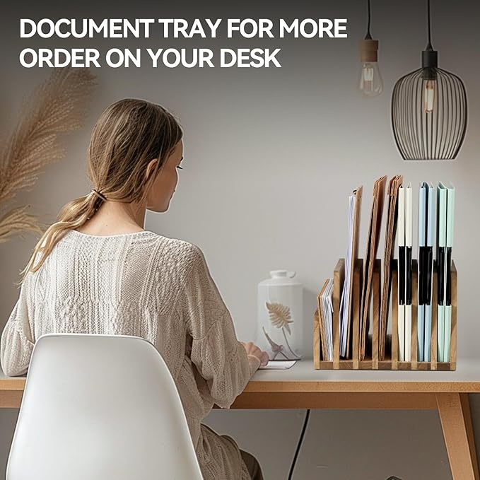 KIRIGEN Wood File Mail Organizer 7 Slots File Paper Holder Desktop Wood Document Letter Holder Organizer for Home Office Brown (7KWJJ-DBR)