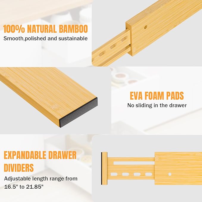 Bamboo Drawer Dividers 4" High, 16.5-22" Adjustable Drawer Organizers for Clothes,Expandable Dresser Separators in Bedroom/Kitchen/Bathroom/Office Organization and Storage,2 Pack