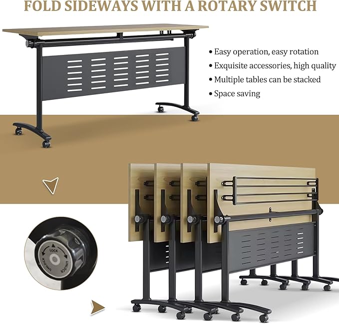 Folding Conference Table, Maple Brown Folding Conference Room Table with One-Touch Fold Button & 360° Swivel Casters, Space-Saving Mobile Meeting Table for Offices, Training Rooms(4PCS)