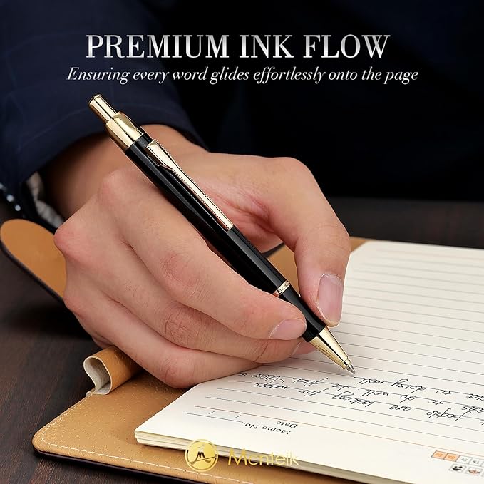 Black Gel Pen With 24K Gold Finish, Fine lacquer work, Best Men's And Women's Gift Pen Set, Professional, ADMOK Black Refill, Smooth Writing, Executive, Office, Click, Nice Retractable Pens