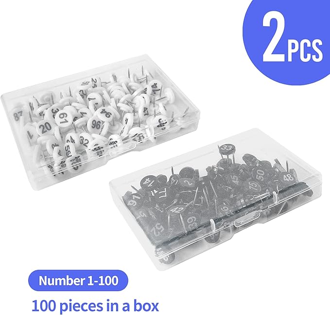 souG 200pcs Numbered Push Pin Tacks, 1-100 Sequential Number Tacks Push Pins, 11mm Diameter 16mm Length Thumbtacks for Maps, Presentations, Photo, Poster (Black and White)