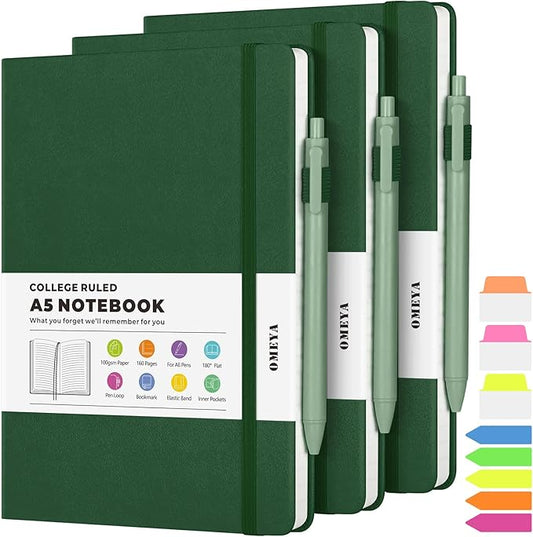 Lined Journal Notebook, 3 Pack A5 College Ruled Notebooks for Work, Hardcover Notebook Each with 2 Pockets & Pen, Leather Journal for Women, Men, 160 Pages, 100GSM Thick Paper ( Green 5.7" x 8.3" )
