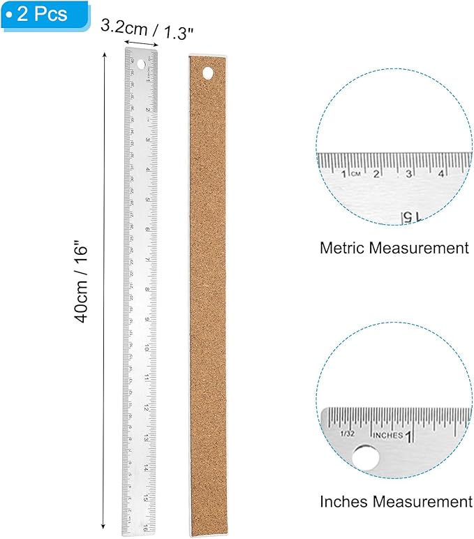 PATIKIL 16 Inch Stainless Steel Ruler Straight Edge Ruler, 2 Pcs Cork Backing Non-Slip Metal Ruler with Inches Centimeter Metric Measuring Tools for Office