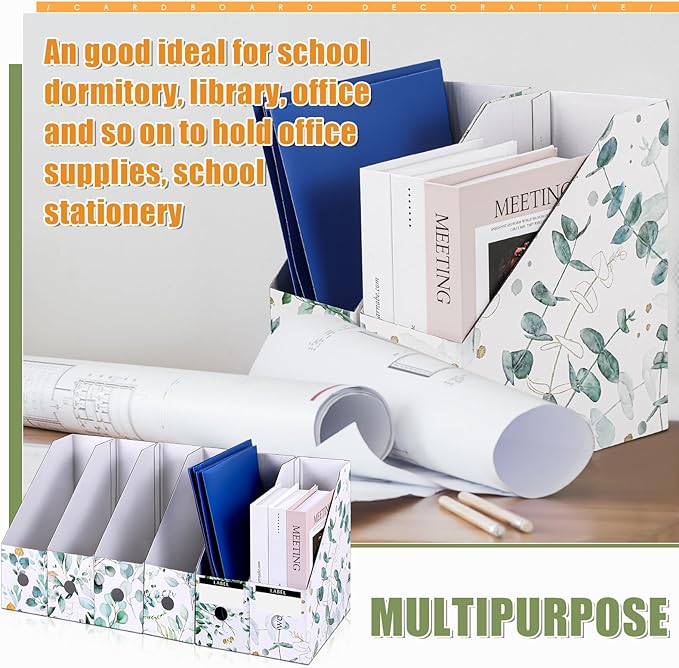PerKoop 6 Pcs Magazine File Holder Foldable Decorative Cardboard File Folders 6 Patterns Floral Colored Magazine Rack with Printable Sticker Labels for School Office Home Desk (Eucalyptus Leaves)