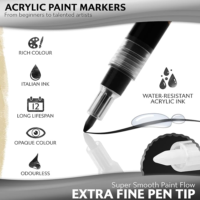 Stylo 8 Count Acrylic Metallic Pens - Black Paint Pens - Fine Tip Permanent Acrylic Metallic Paint Markers for Rock Painting, Glass, Wood, Ideal for Arts and Crafts (Pack of 8, Black)