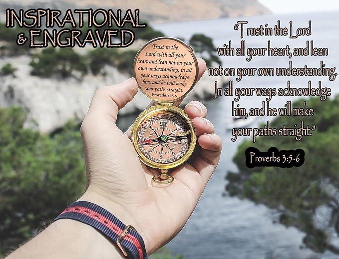 Trust in The Lord With All Your Heart - Proverbs 3:5-6 Quote Engraved Compass With Wooden Box, Greeting Card, Gift Compass, Graduation Day Gifts 2024 for Women Men Boys Girls